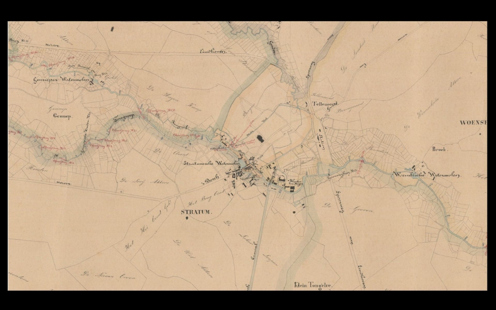  Op deze waterschapskaart uit 1869 is de Dommel door Eindhoven te zien. Drie (voormalige) watermolens vormden als het ware een kralensnoer. Nu onderzoeken we hoe we dat kralensnoer van bestaande en verdwenen watermolens kunnen benutten als recreatieve en 